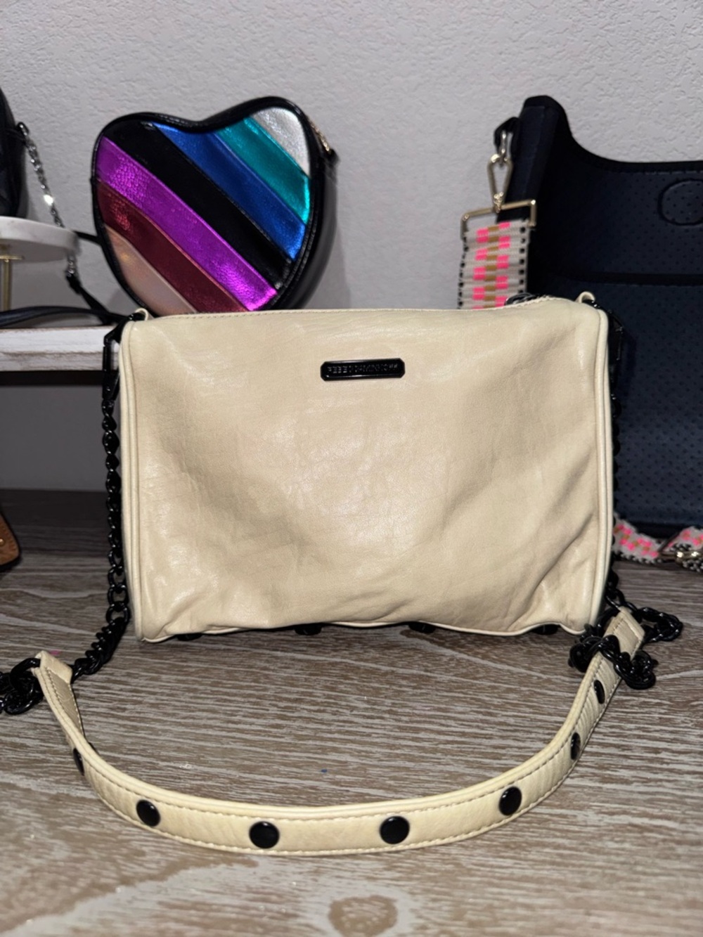 Rebecca Minkoff Cream Leather Crossbody with Black Chain Strap